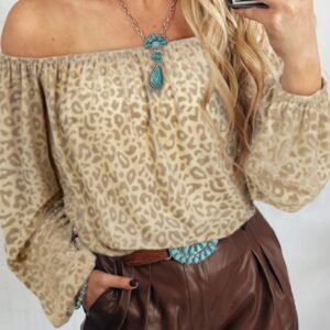 Beige Leopard Velvet Burnout Off Shoulder Long Sleeve Blouse