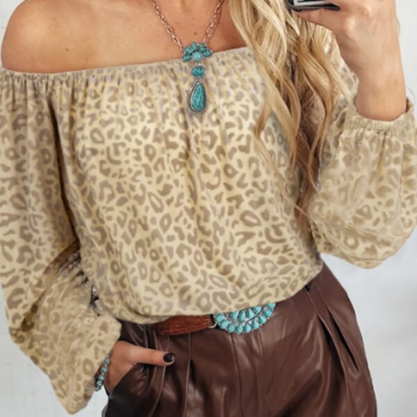 Beige Leopard Velvet Burnout Off Shoulder Long Sleeve Blouse