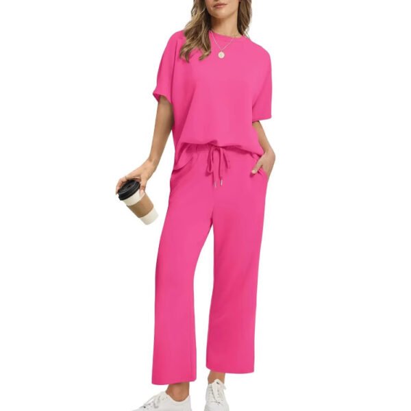 European And American Women's Solid Color Short-sleeved Casual Wide-leg Pants Suit - Image 9