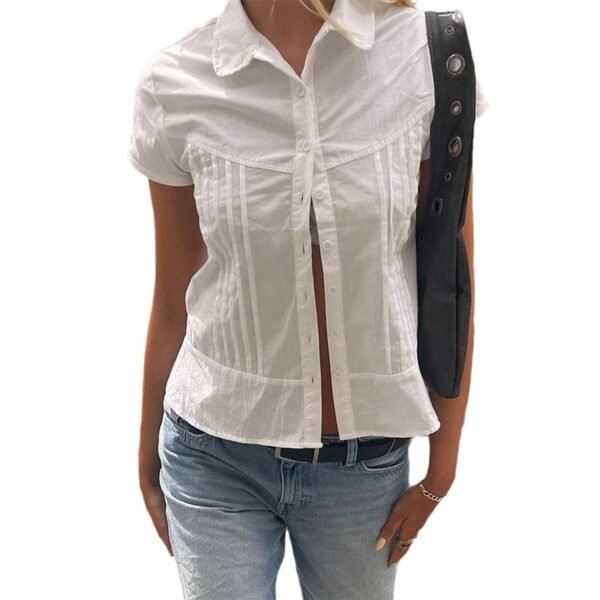 Casual Waist Tight Solid Color Short-sleeved Shirt Pleated Shirt Women's Clothing - Image 2