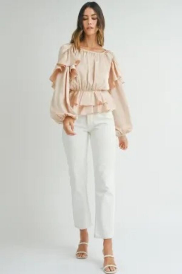 Oatmeal Lace-up Keyhole Back Ruffled Peplum Blouse - Image 5