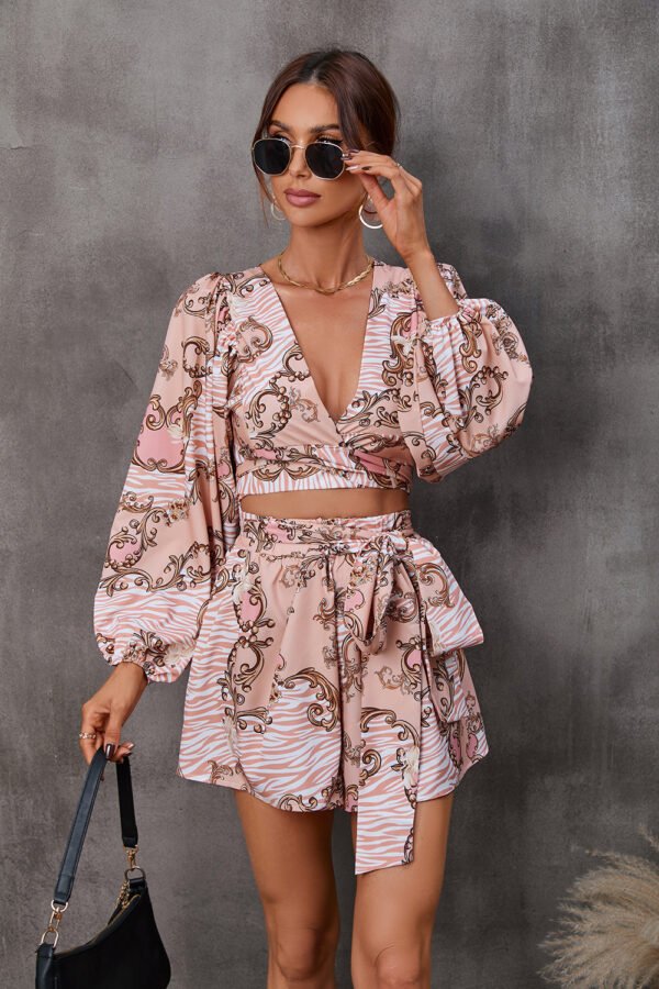 Autumn Flowers Long Sleeve Shorts V-neck Jumpsuit - Image 10