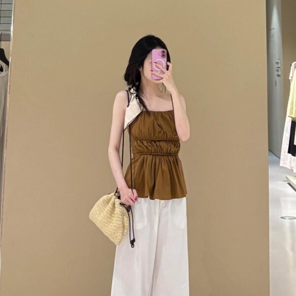Standard Edition Pleated Camisole Top Brown Easy Matching Waisted Vest - Image 2