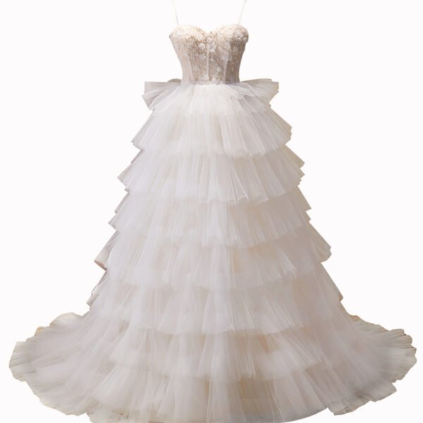 Beautiful Girl Suspender Wedding Dress With Elegant Train - Image 3