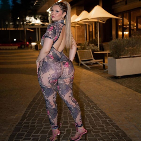 Fashion Sexy Half Turtleneck Button Printed Backless Hollow-out Tight Jumpsuit - Image 6