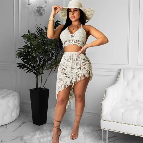 Women's Sexy Handmade Crocheted Tassel Casual Suit Beach Swimwear Coverall - Image 2