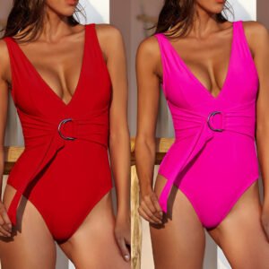 Neon Pink One Piece Swimsuit Belt Big Ring Swimwear Women V Neck Bathing