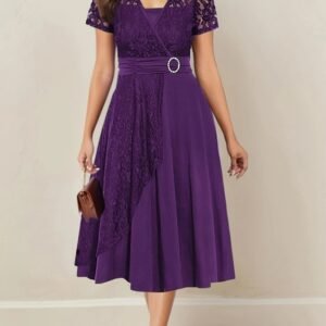 Asymmetrical Hem Short Sleeve V-neck Cross Elegant Solid Color Rhinestone Dress