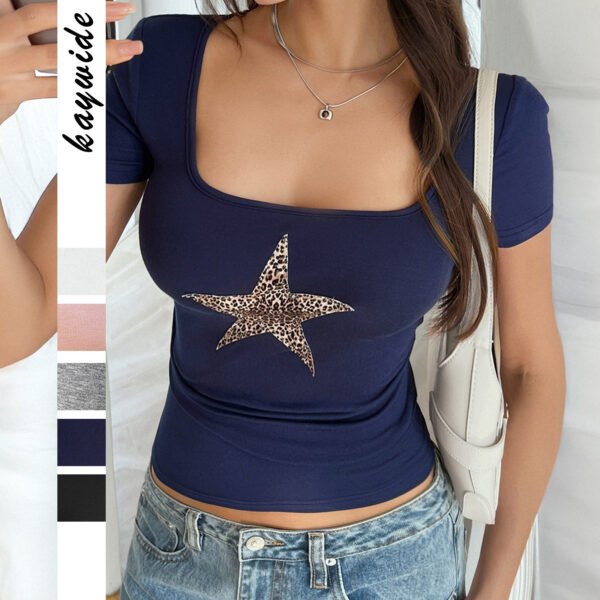 Printed Leopard Print XINGX Pleated Nipped-waist Short-sleeved T-shirt - Image 7