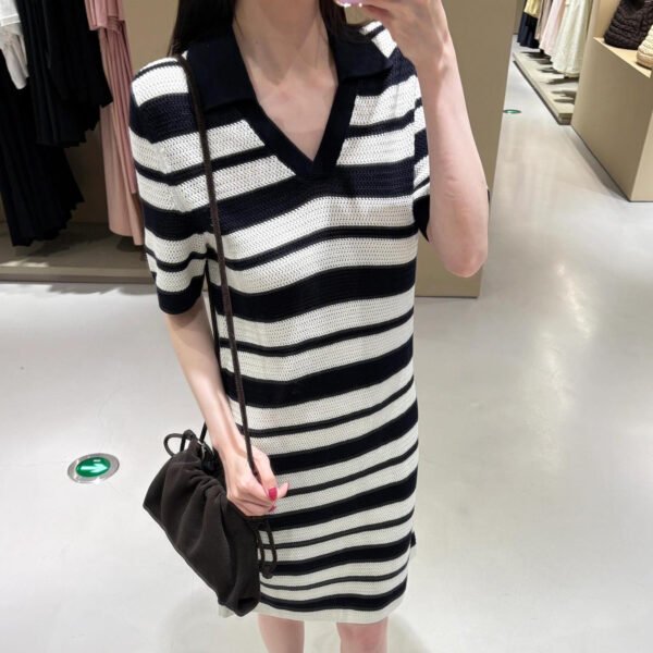 Black And White Striped Hollow-out Blended Knitted Mini Dress Lapel Short Sleeve - Image 4