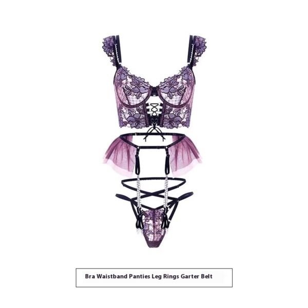 Purple Rose Sexy Lingerie Sexy Lace Embroidery Three-piece Set - Image 2