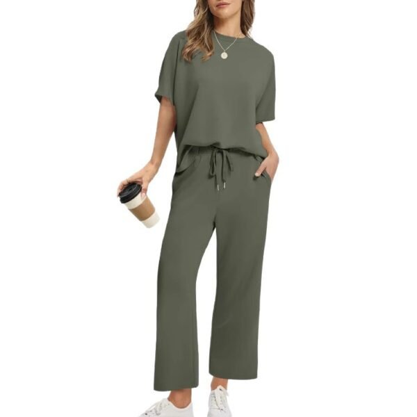 European And American Women's Solid Color Short-sleeved Casual Wide-leg Pants Suit - Image 10