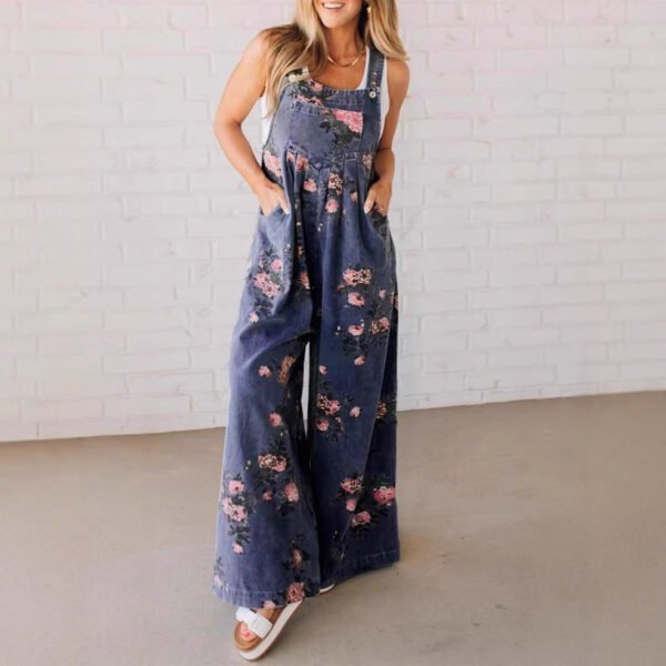 Fashion Denim Floral Print Sleeveless Strap Jumpsuit - Image 2