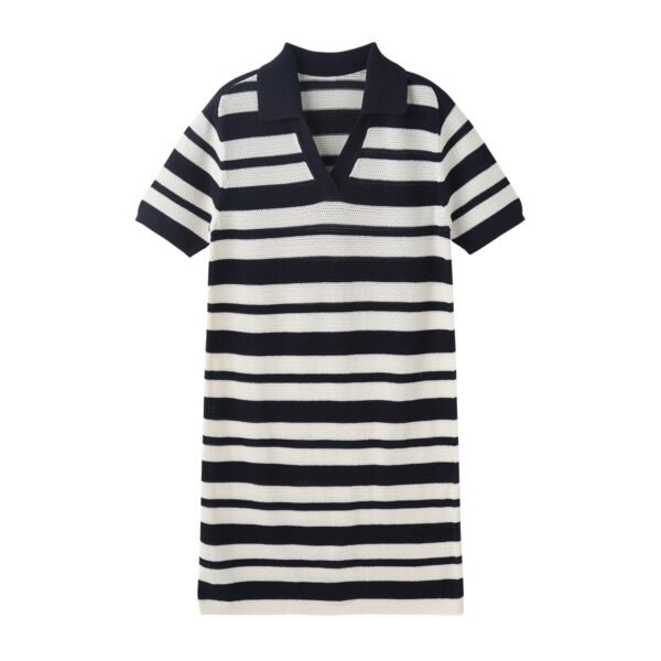 Black And White Striped Hollow-out Blended Knitted Mini Dress Lapel Short Sleeve - Image 3