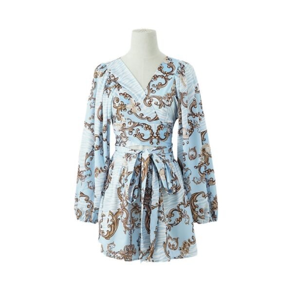 Autumn Flowers Long Sleeve Shorts V-neck Jumpsuit - Image 2
