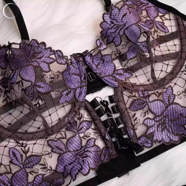 Purple Rose Sexy Lingerie Sexy Lace Embroidery Three-piece Set - Image 5