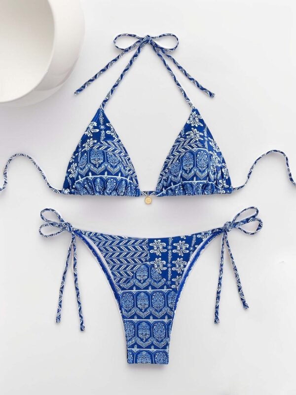 Women Printed Lace-up Bikini Split Swimsuit Swimwear - Image 3