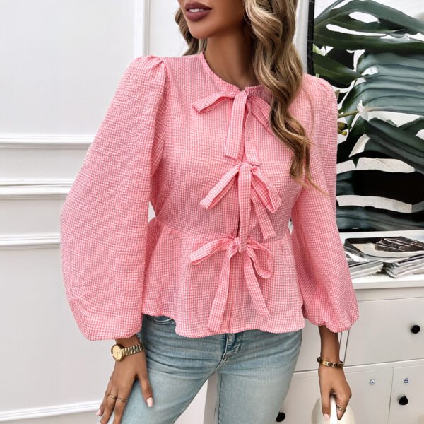 Elegant Design Contrast Color Tied Long Sleeves Shirt - Image 2