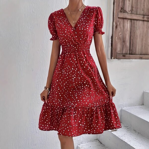 Casual Short Sleeve Cross Collar Polka Dot Dress - Image 5
