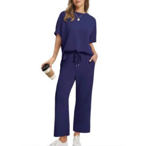 European And American Women's Solid Color Short-sleeved Casual Wide-leg Pants Suit