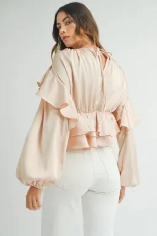 Oatmeal Lace-up Keyhole Back Ruffled Peplum Blouse - Image 3
