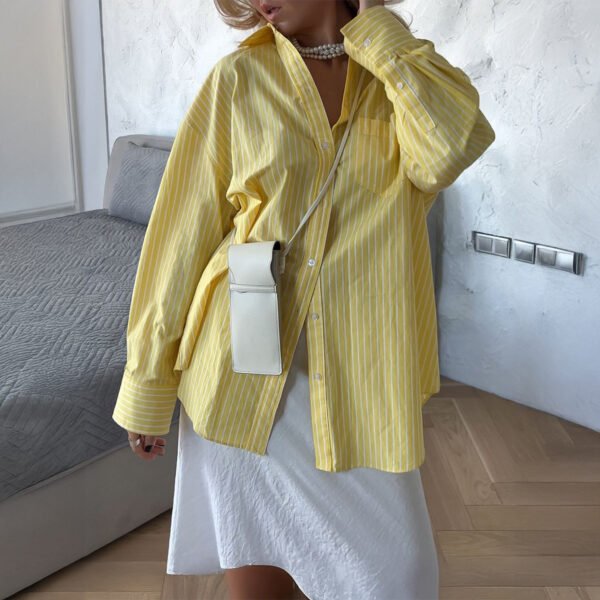 Casual Loose And Simple Style Button Cardigan Striped Contrast Color Top Shirt For Women - Image 3