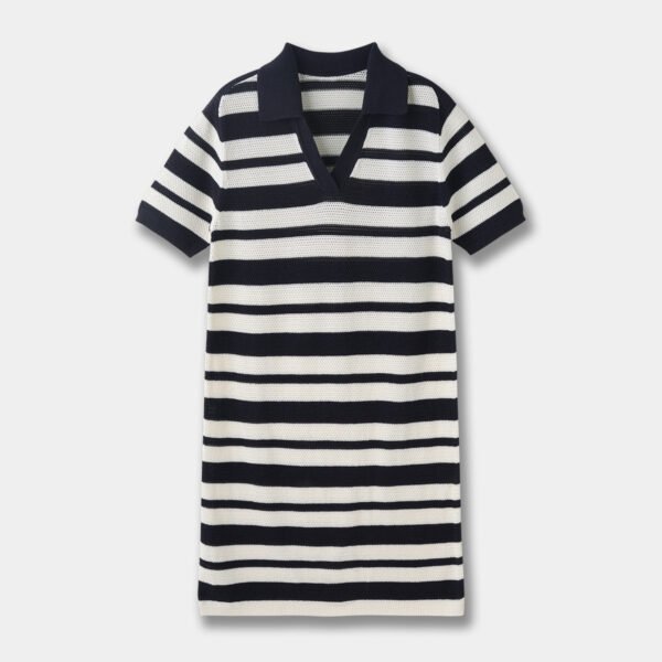 Black And White Striped Hollow-out Blended Knitted Mini Dress Lapel Short Sleeve - Image 6