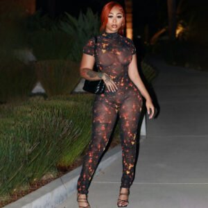 Fashion Sexy Half Turtleneck Button Printed Backless Hollow-out Tight Jumpsuit