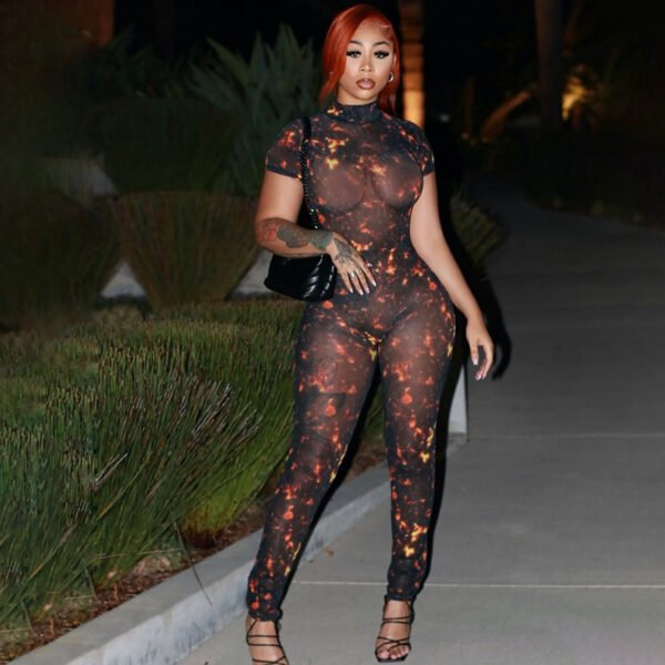 Fashion Sexy Half Turtleneck Button Printed Backless Hollow-out Tight Jumpsuit