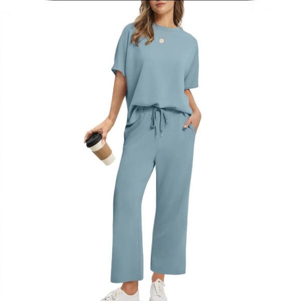 European And American Women's Solid Color Short-sleeved Casual Wide-leg Pants Suit - Image 7