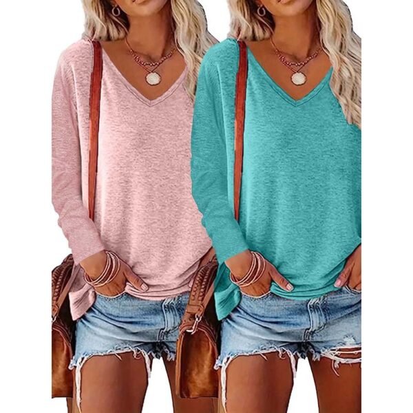 2PCS Womens T Shirts Long Sleeve V Neck Basic Tee Soft Casual Loose Fit Fall Tops Outfits 2025 - Image 2