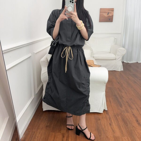 French Parachute Drawstring Waist Dress Round Neck - Image 4