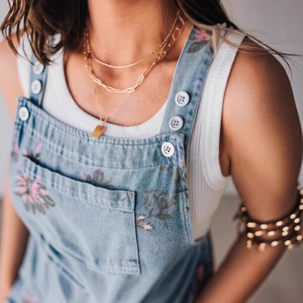 Fashion Denim Floral Print Sleeveless Strap Jumpsuit - Image 5