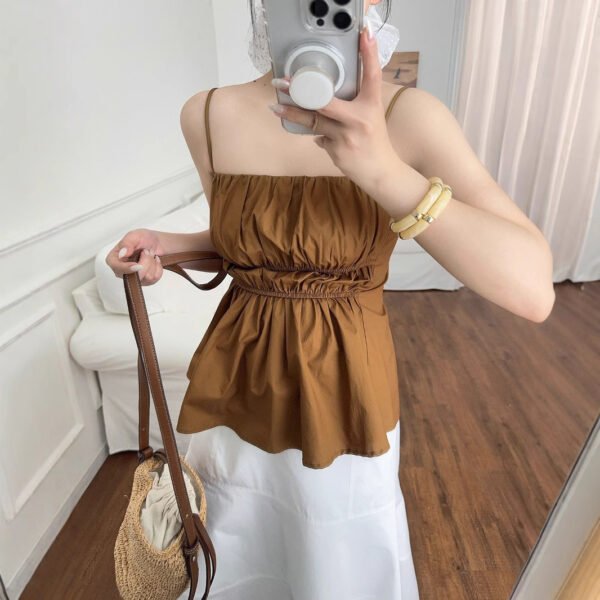 Standard Edition Pleated Camisole Top Brown Easy Matching Waisted Vest - Image 4