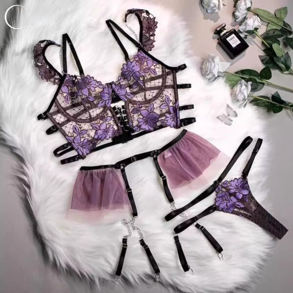 Purple Rose Sexy Lingerie Sexy Lace Embroidery Three-piece Set - Image 4