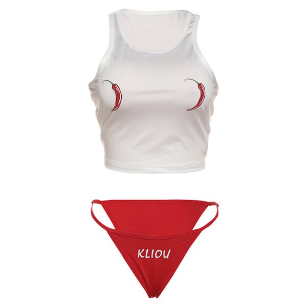 Sexy Slim Fit Round Neck Midriff-baring Vest Printed Low Waist Briefs Suit - Image 3