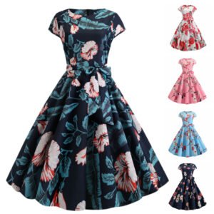 Retro Crew Neck Sleeve Waist Belt Printed Large Swing Dress