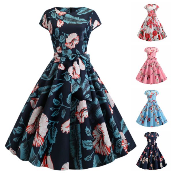 Retro Crew Neck Sleeve Waist Belt Printed Large Swing Dress