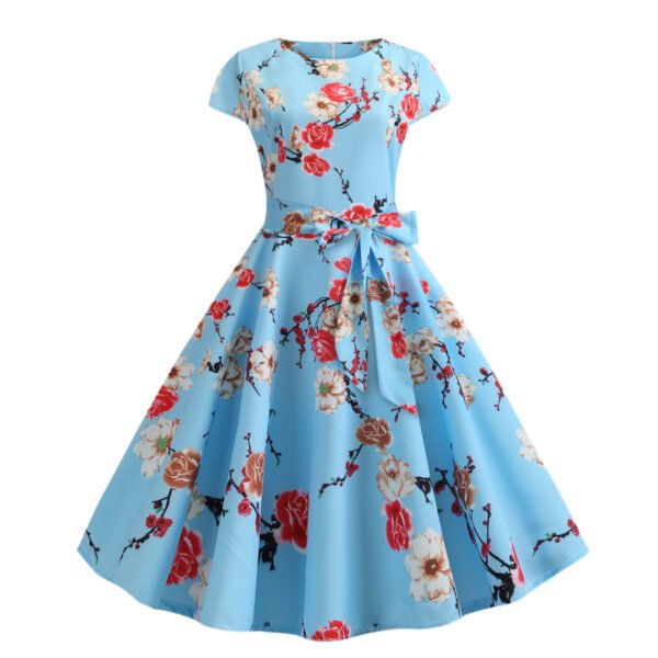 Retro Crew Neck Sleeve Waist Belt Printed Large Swing Dress - Image 3
