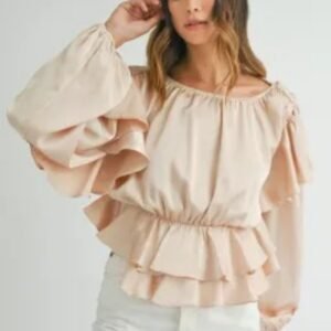 Oatmeal Lace-up Keyhole Back Ruffled Peplum Blouse