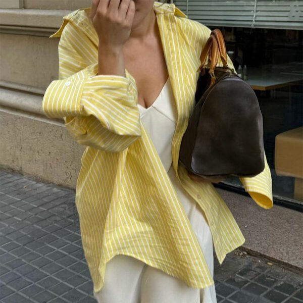 Casual Loose And Simple Style Button Cardigan Striped Contrast Color Top Shirt For Women - Image 2