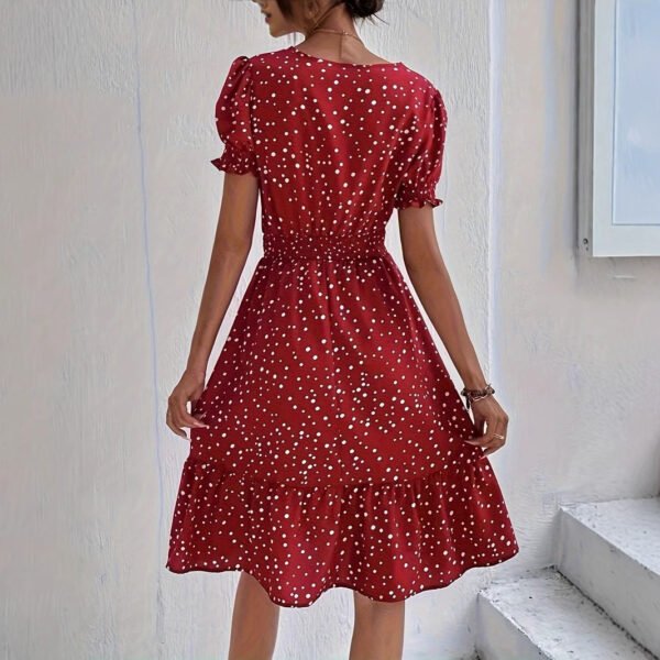 Casual Short Sleeve Cross Collar Polka Dot Dress - Image 4