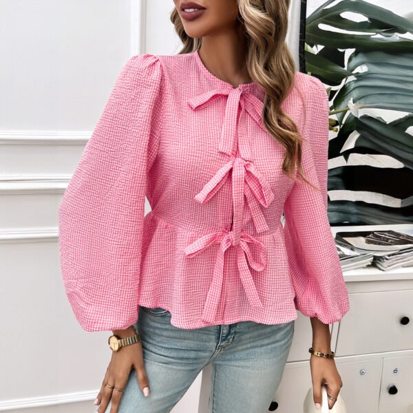 Elegant Design Contrast Color Tied Long Sleeves Shirt - Image 5