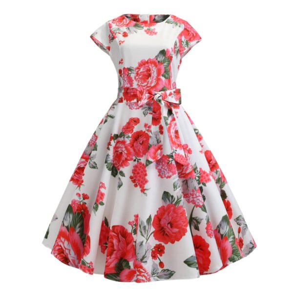 Retro Crew Neck Sleeve Waist Belt Printed Large Swing Dress - Image 6
