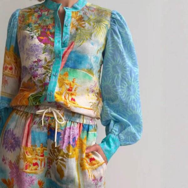 Casual Long Linen Sleeves Shirt Shorts Suit - Image 6