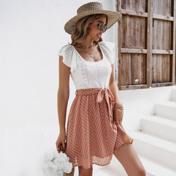 Women's Summer New Lotus Leaf Sleeve Stitching Casual Holiday Dress - Image 3