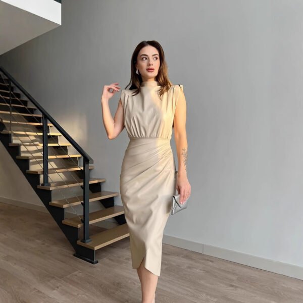 Women's Solid Color High Waist Stitching Pleated Slim Dress - Image 7