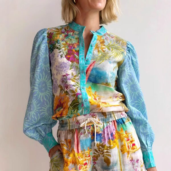 Casual Long Linen Sleeves Shirt Shorts Suit - Image 5