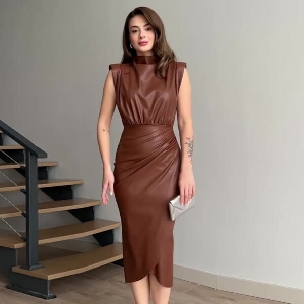 Women's Solid Color High Waist Stitching Pleated Slim Dress - Image 8