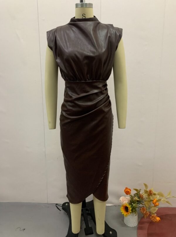 Women's Solid Color High Waist Stitching Pleated Slim Dress - Image 6